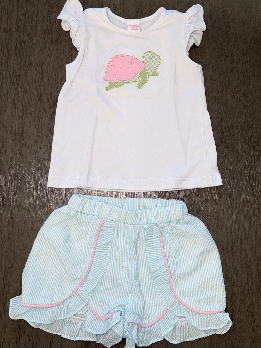 Girls White Tank Top & Light Blue Seersucker Shorts Set with Pink Turtle